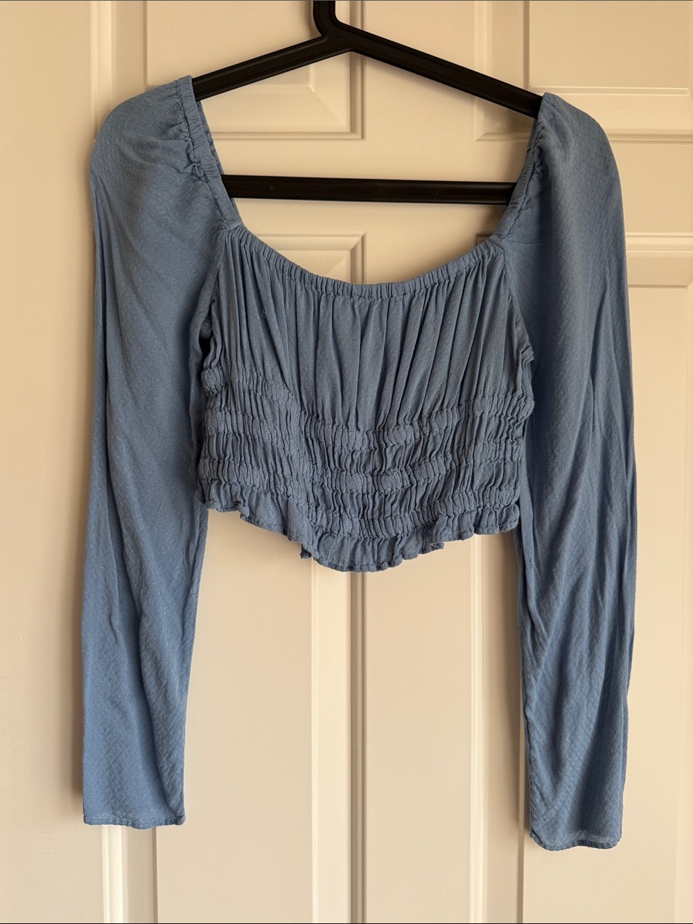 Urban Outfitters Dusty Blue Smocked Long Sleeve Crop Top
